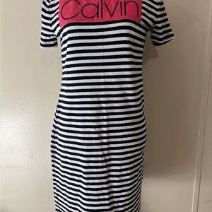 RARE Calvin Klein Black and White Striped Dress with Pink Logo NWOT
